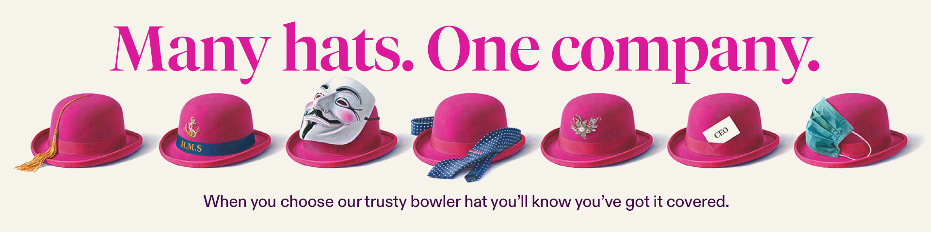 Image with pink Beazley Bowler hats and 'Many hats. One company.' text