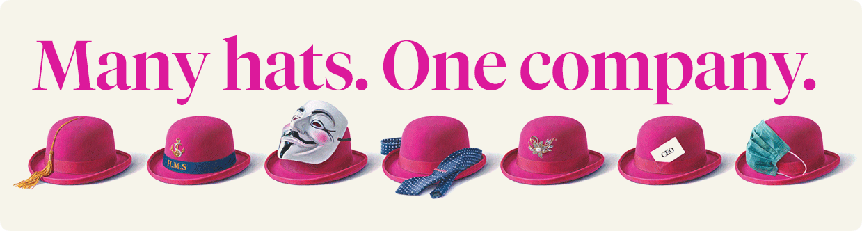 Image with pink Beazley Bowler hats and 'Many hats. One company.' text