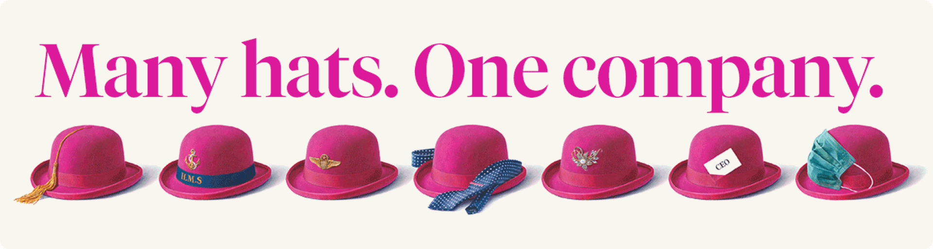 An assortment of hats symbolising different functions and teamwork within one company, highlighting diversity in roles.